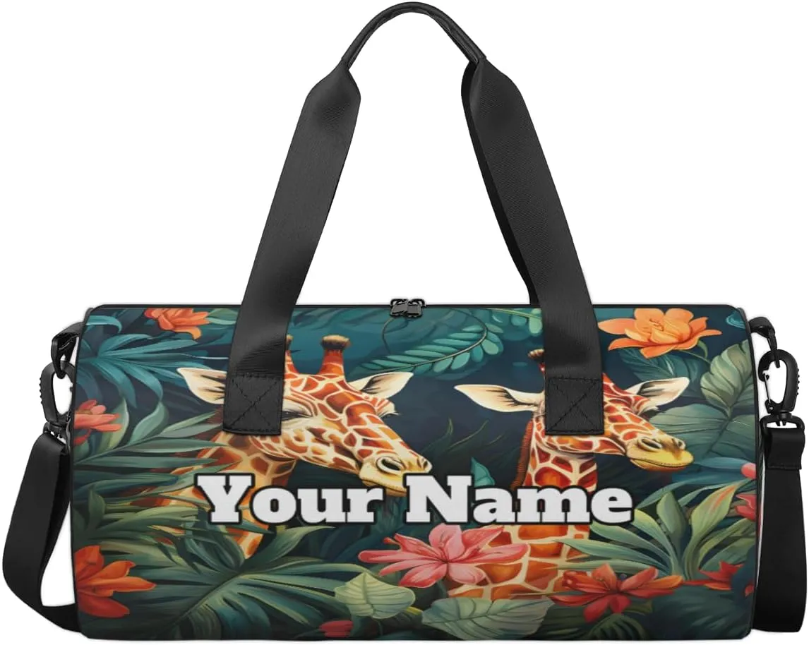 Personalized Giraffe Sport Gym Bag, Custom Name Duffel Bags for Men, Waterproof Custom Sport Duffel Bag, Gymnastics Dance, Tropical Palm Leaves
