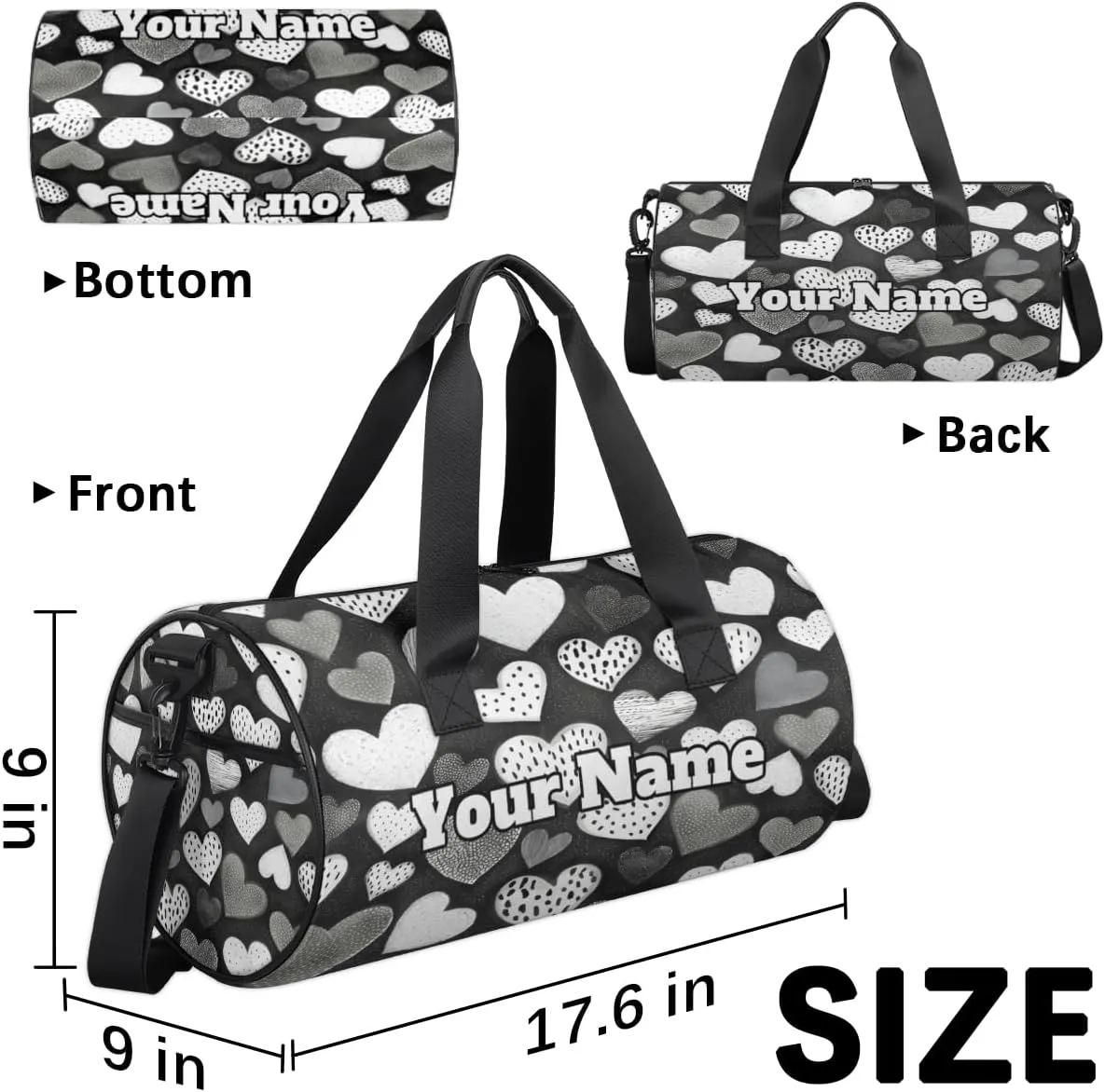 Personalized Hearts Sport Gym Bag, Custom Name Duffel Bags for Men, Waterproof Custom Sport Duffel Bag, Gymnastics Dance, Valentine