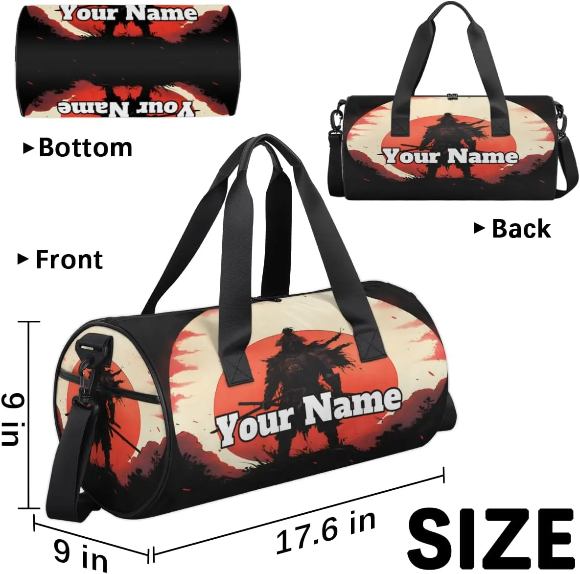 Personalized Japan Samurai Sport Gym Bag, Custom Name Duffel Bags for Men, Waterproof Custom Sport Duffel Bag, Gymnastics Dance, Japanese Samurai