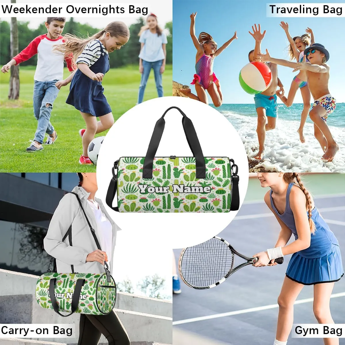 Personalized Name Gym Bag for Women, Customized Cactus Cylinder Sports Bags for Men, Waterproof Weekender Bag, Duffle Bags for Travel Swim Dance, Cactus Plants Flower