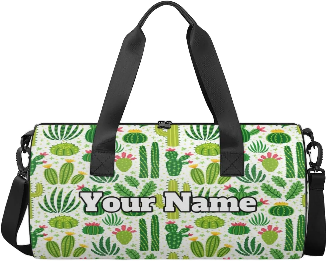 Personalized Name Gym Bag for Women, Customized Cactus Cylinder Sports Bags for Men, Waterproof Weekender Bag, Duffle Bags for Travel Swim Dance, Cactus Plants Flower