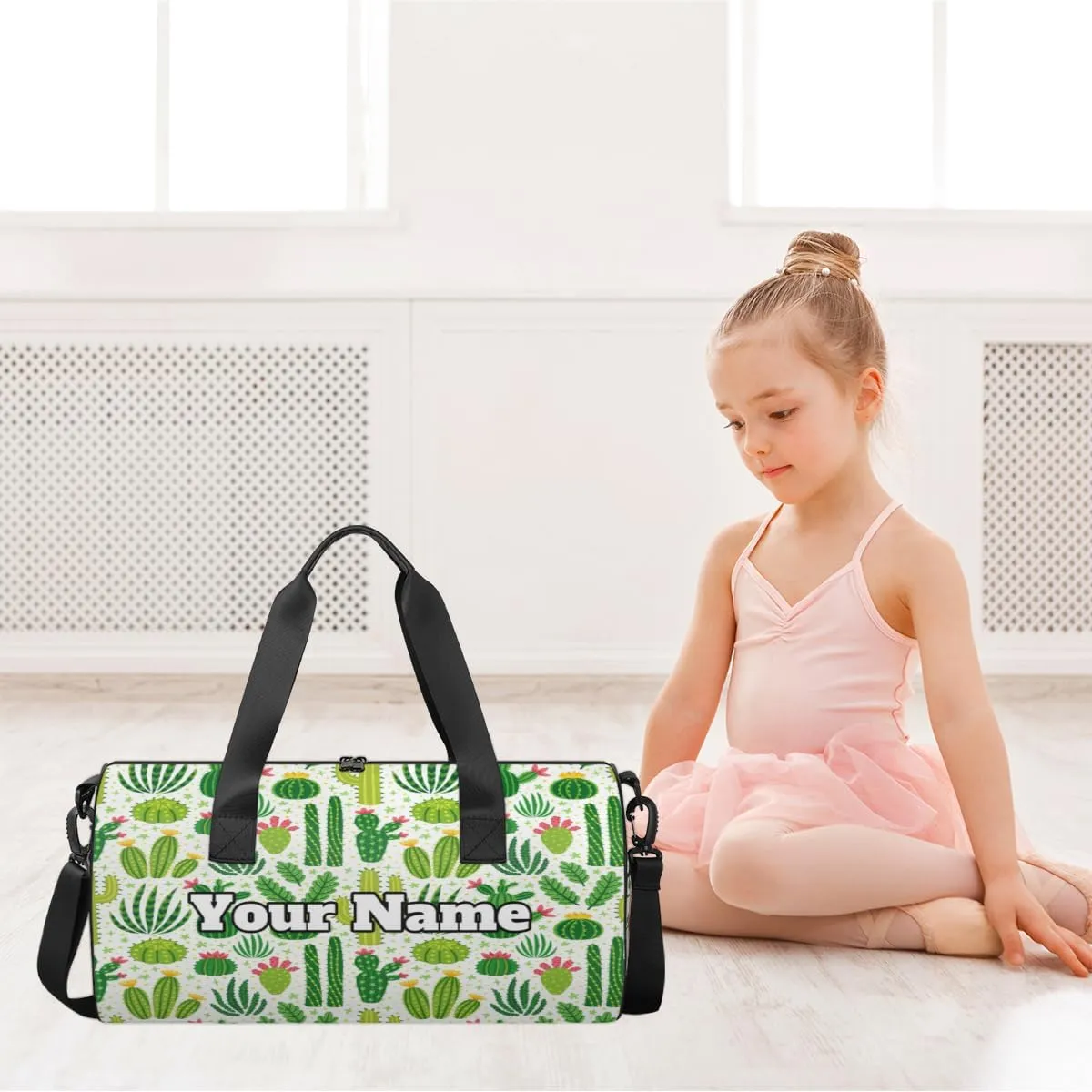 Personalized Name Gym Bag for Women, Customized Cactus Cylinder Sports Bags for Men, Waterproof Weekender Bag, Duffle Bags for Travel Swim Dance, Cactus Plants Flower