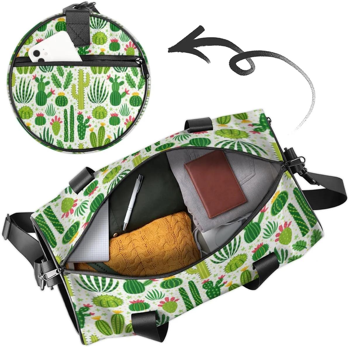 Personalized Name Gym Bag for Women, Customized Cactus Cylinder Sports Bags for Men, Waterproof Weekender Bag, Duffle Bags for Travel Swim Dance, Cactus Plants Flower