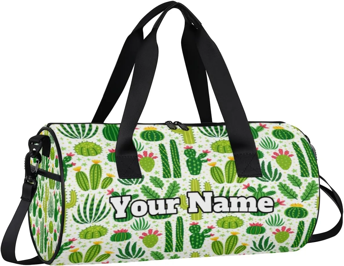Personalized Name Gym Bag for Women, Customized Cactus Cylinder Sports Bags for Men, Waterproof Weekender Bag, Duffle Bags for Travel Swim Dance, Cactus Plants Flower