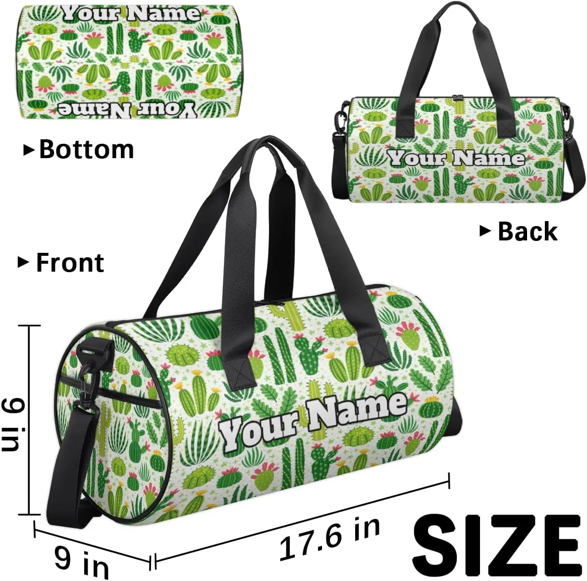 Personalized Name Gym Bag for Women, Customized Cactus Cylinder Sports Bags for Men, Waterproof Weekender Bag, Duffle Bags for Travel Swim Dance, Cactus Plants Flower