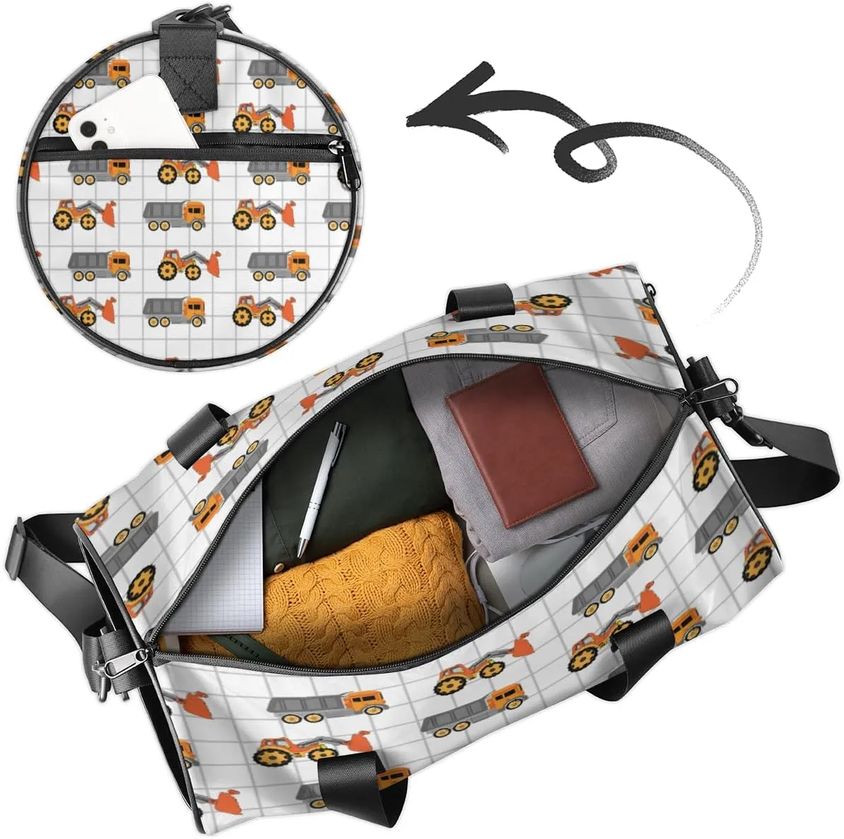 Personalized Name Gym Bag for Women, Customized Cartoon Excavator Cylinder Sports Bags for Men, Waterproof Weekender Bag, Duffle Bags for Travel Swim Dance, Truck Car