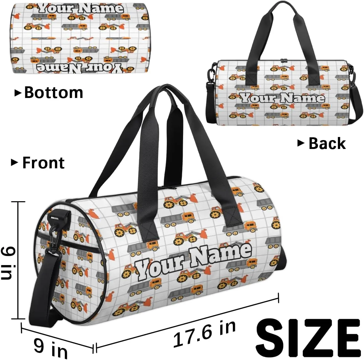 Personalized Name Gym Bag for Women, Customized Cartoon Excavator Cylinder Sports Bags for Men, Waterproof Weekender Bag, Duffle Bags for Travel Swim Dance, Truck Car