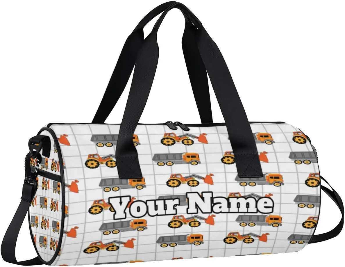 Personalized Name Gym Bag for Women, Customized Cartoon Excavator Cylinder Sports Bags for Men, Waterproof Weekender Bag, Duffle Bags for Travel Swim Dance, Truck Car