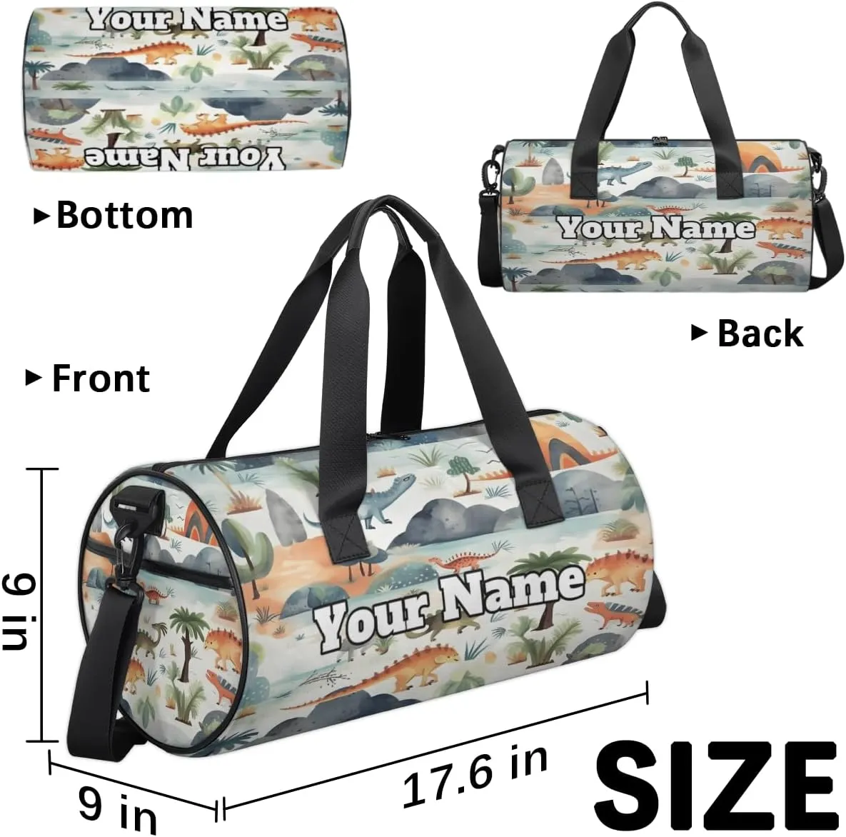 Personalized Name Gym Bag for Women, Customized Cute Cylinder Sports Bags for Men, Waterproof Weekender Bag, Duffle Bags for Travel Swim Dance, Dinosaur