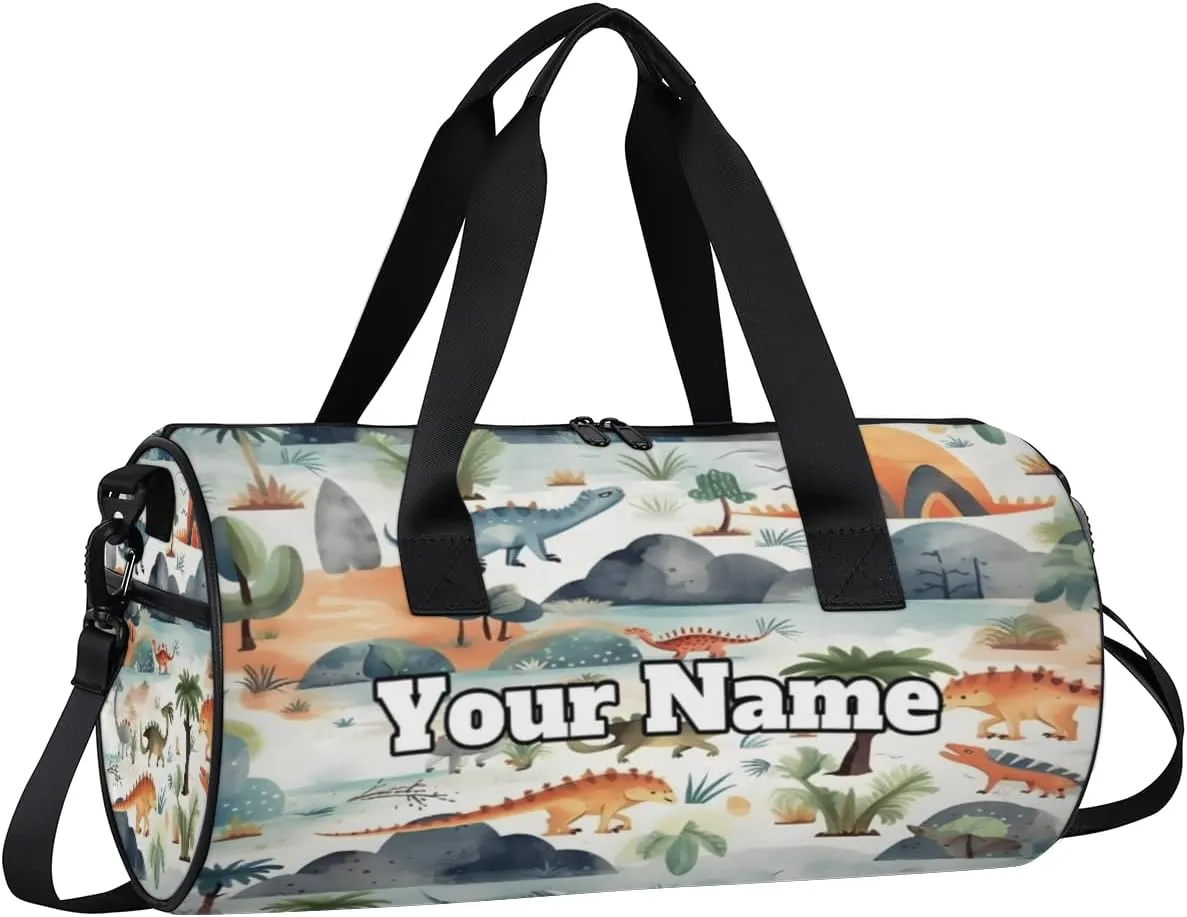Personalized Name Gym Bag for Women, Customized Cute Cylinder Sports Bags for Men, Waterproof Weekender Bag, Duffle Bags for Travel Swim Dance, Dinosaur