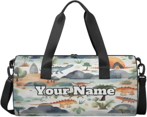 Personalized Name Gym Bag for Women, Customized Cute Cylinder Sports Bags for Men, Waterproof Weekender Bag, Duffle Bags for Travel Swim Dance, Dinosaur