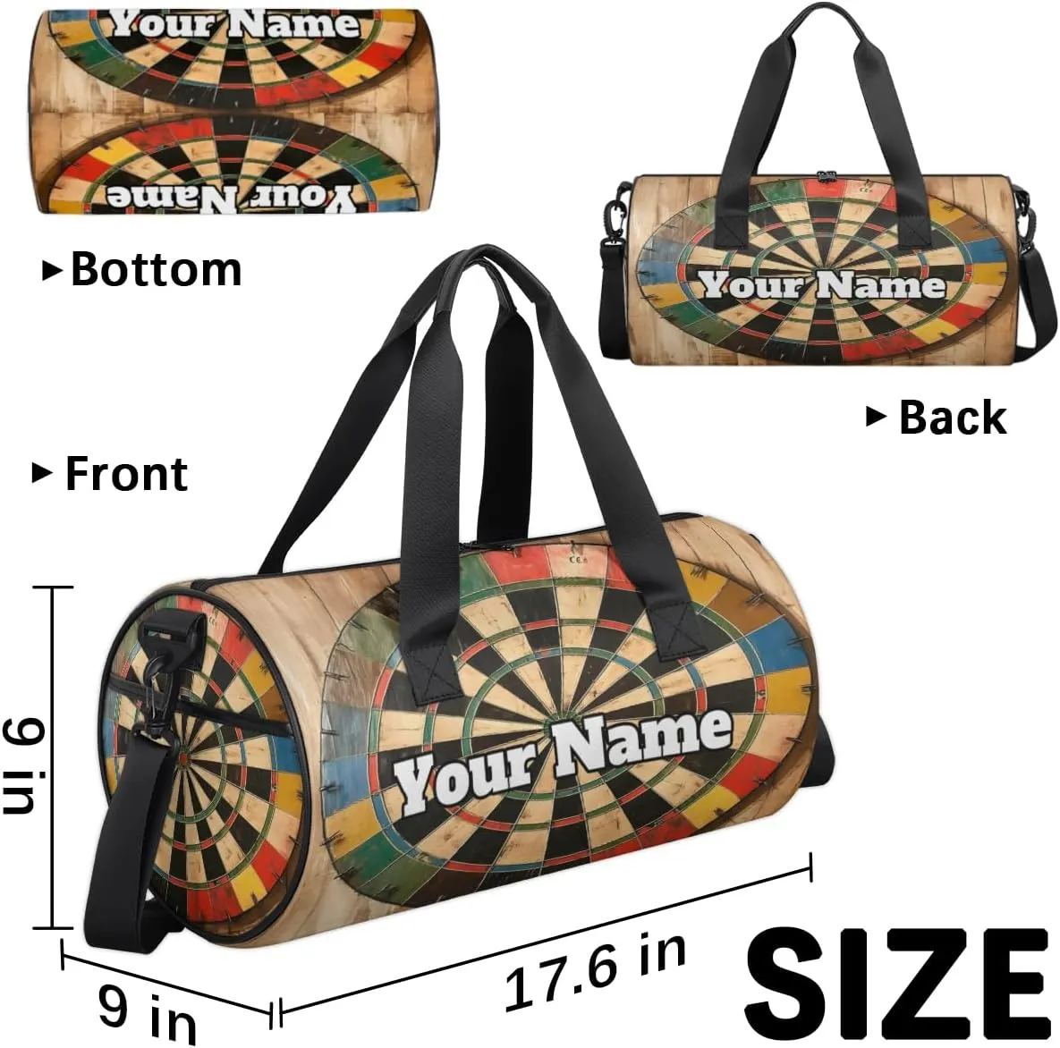 Personalized Name Gym Bag for Women, Customized Darts Board Cylinder Sports Bags for Men, Waterproof Weekender Bag, Duffle Bags for Travel Swim Dance, Darts Arrows