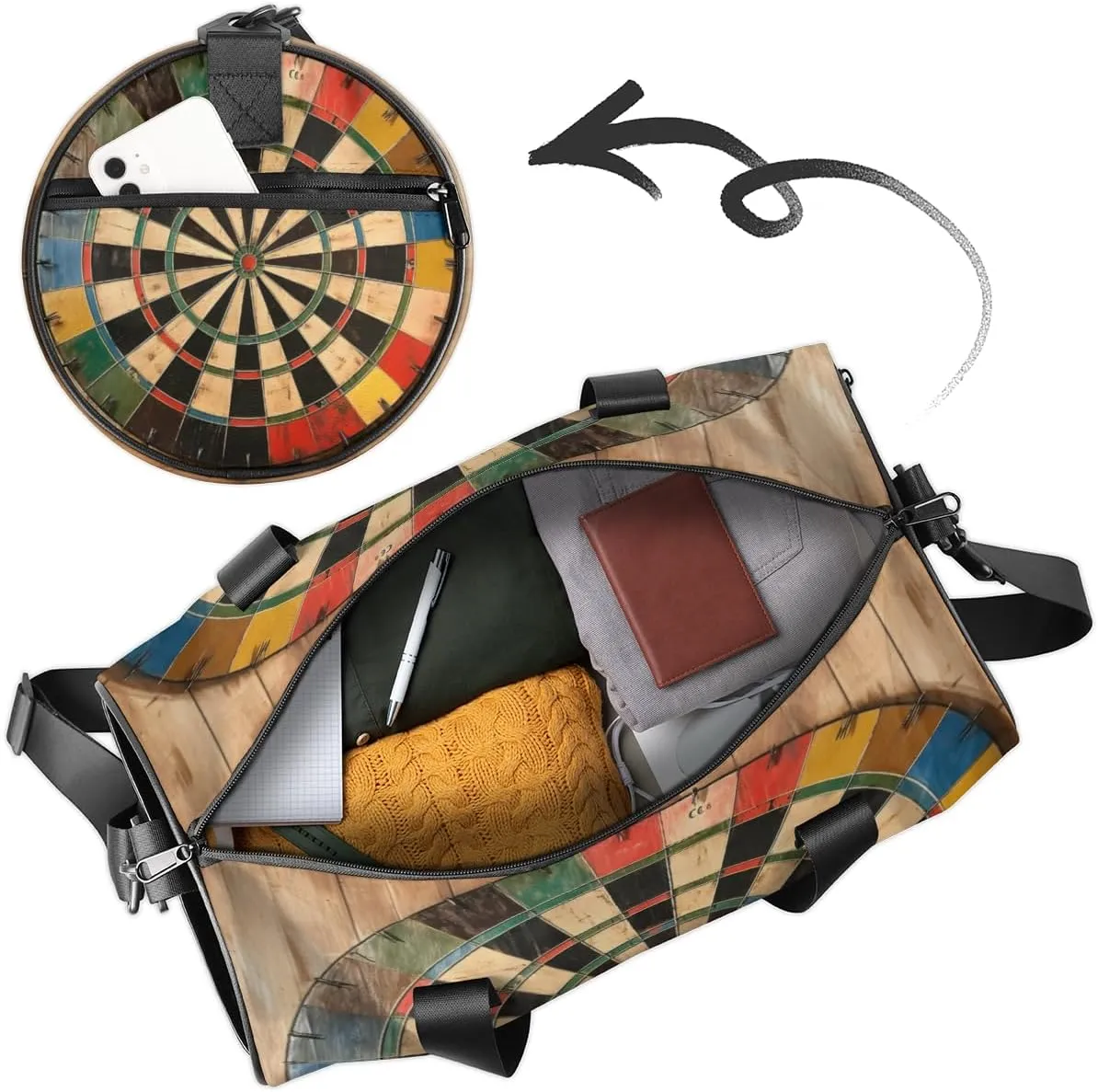 Personalized Name Gym Bag for Women, Customized Darts Board Cylinder Sports Bags for Men, Waterproof Weekender Bag, Duffle Bags for Travel Swim Dance, Darts Arrows