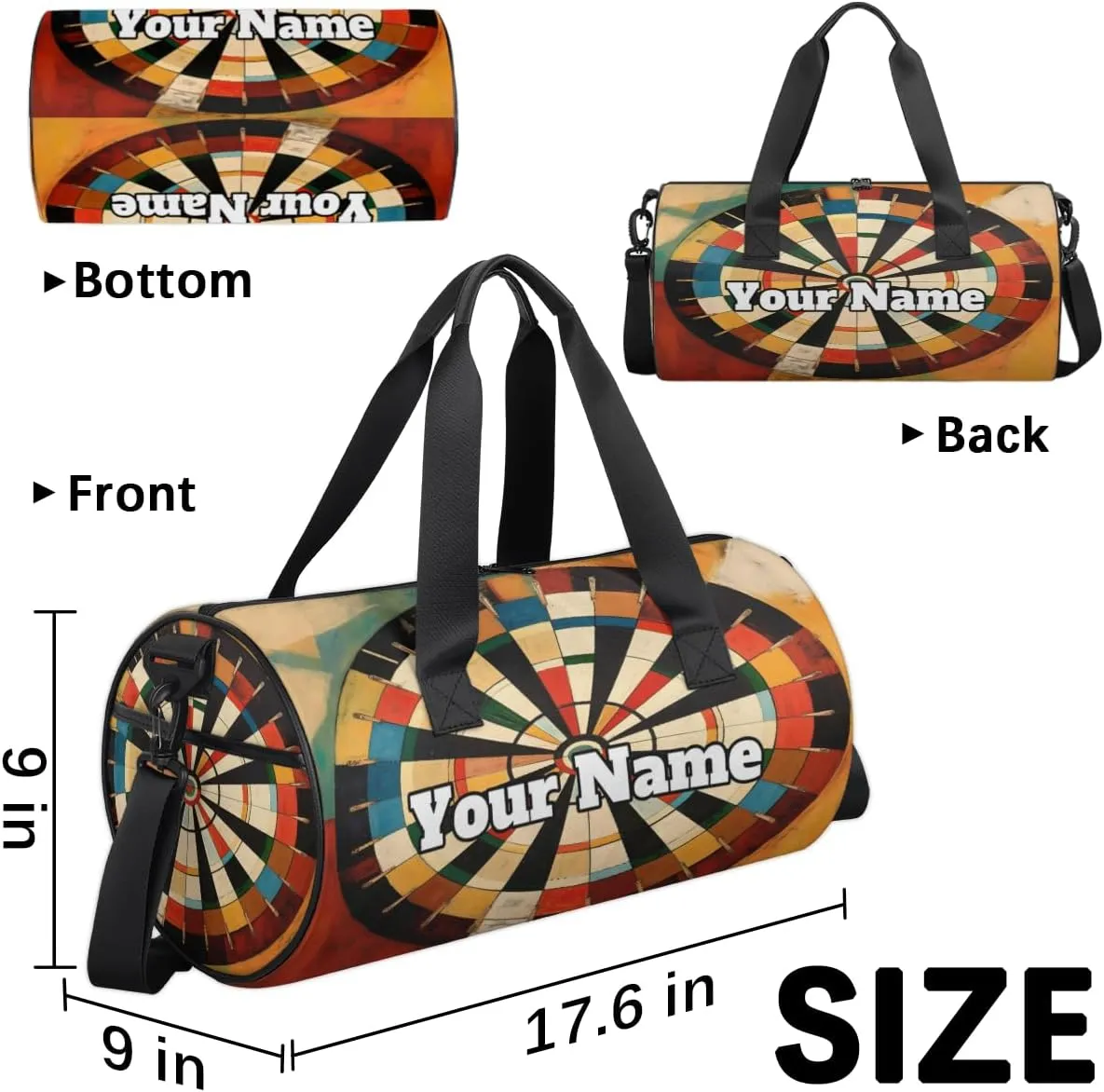 Personalized Name Gym Bag for Women, Customized Darts Board Cylinder Sports Bags for Men, Waterproof Weekender Bag, Duffle Bags for Travel Swim Dance, Sports