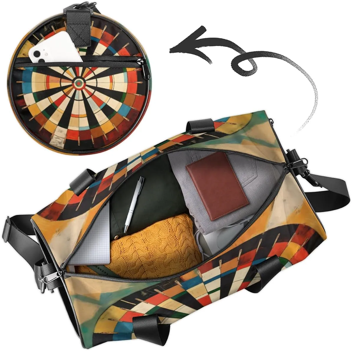 Personalized Name Gym Bag for Women, Customized Darts Board Cylinder Sports Bags for Men, Waterproof Weekender Bag, Duffle Bags for Travel Swim Dance, Sports