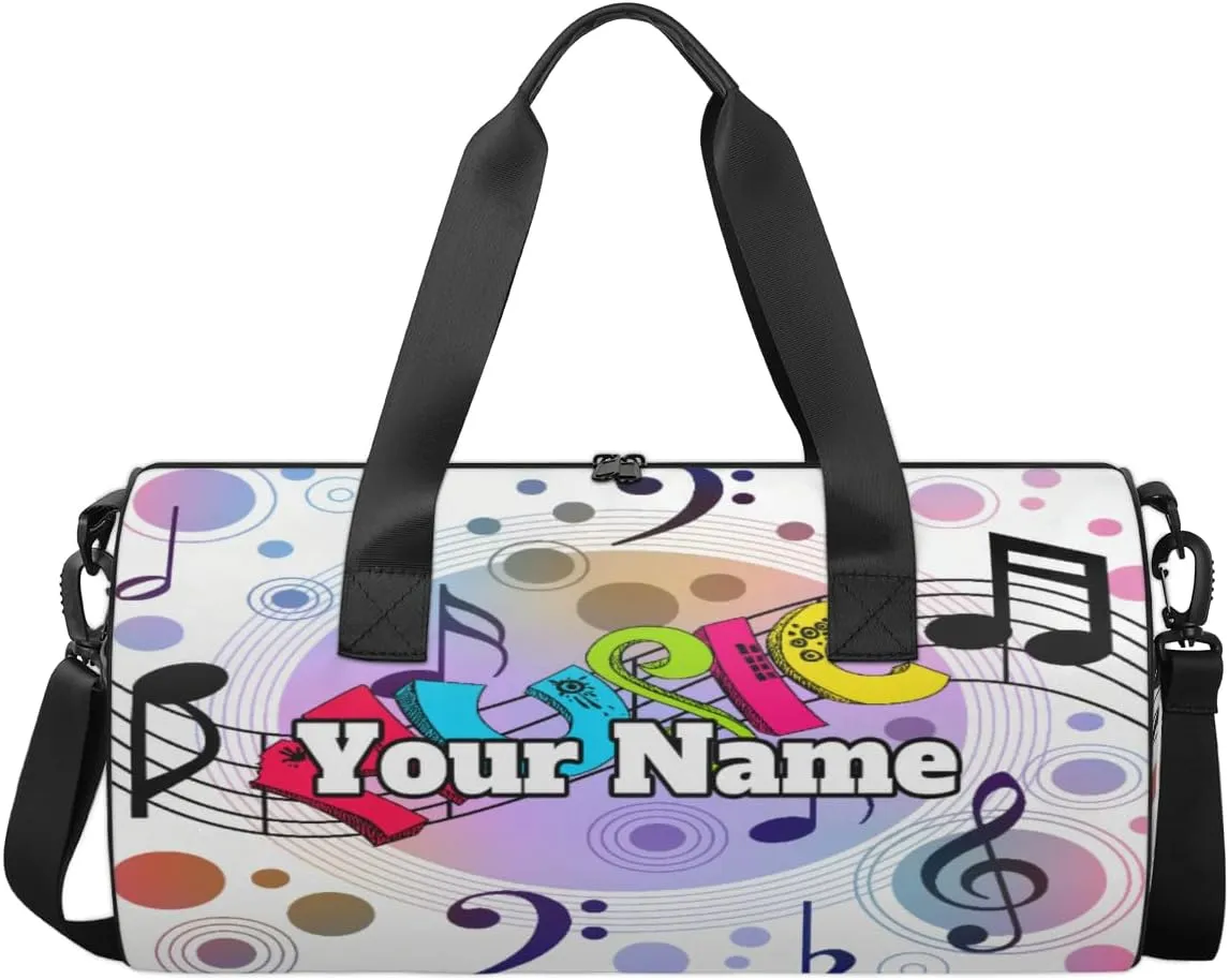 Personalized Name Gym Bag for Women, Customized Music Theme Cylinder Sports Bags for Men, Waterproof Weekender Bag, Duffle Bags for Travel Swim Dance, Musical Note