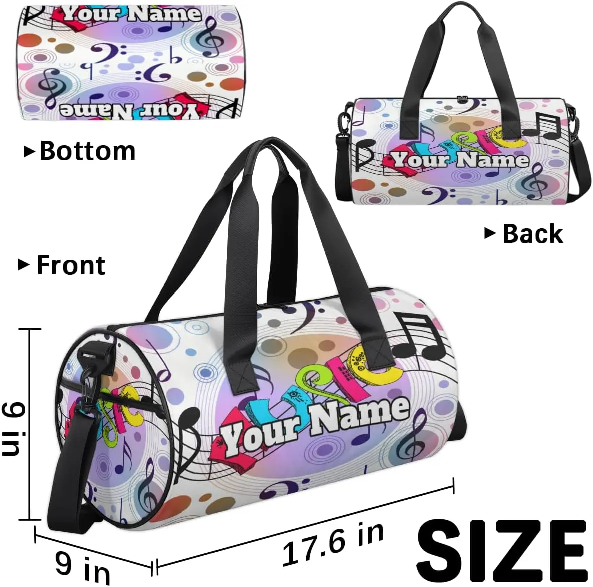 Personalized Name Gym Bag for Women, Customized Music Theme Cylinder Sports Bags for Men, Waterproof Weekender Bag, Duffle Bags for Travel Swim Dance, Musical Note