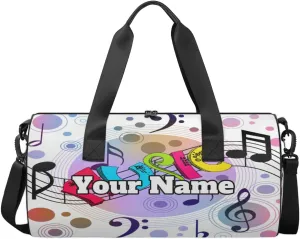 Personalized Name Gym Bag for Women, Customized Music Theme Cylinder Sports Bags for Men, Waterproof Weekender Bag, Duffle Bags for Travel Swim Dance, Musical Note