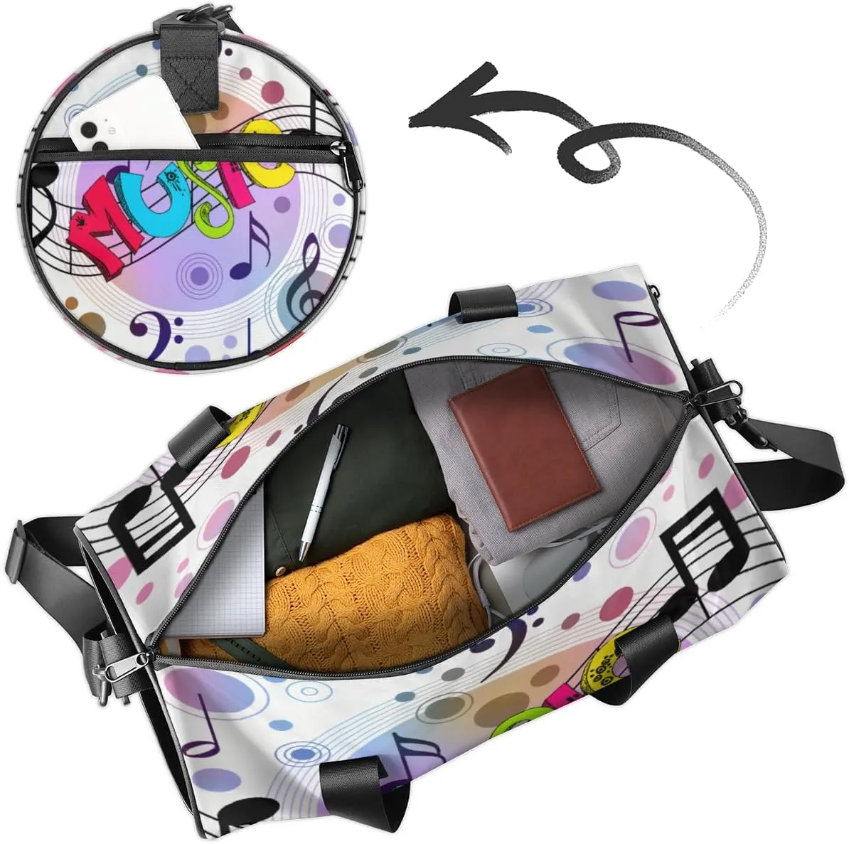 Personalized Name Gym Bag for Women, Customized Music Theme Cylinder Sports Bags for Men, Waterproof Weekender Bag, Duffle Bags for Travel Swim Dance, Musical Note