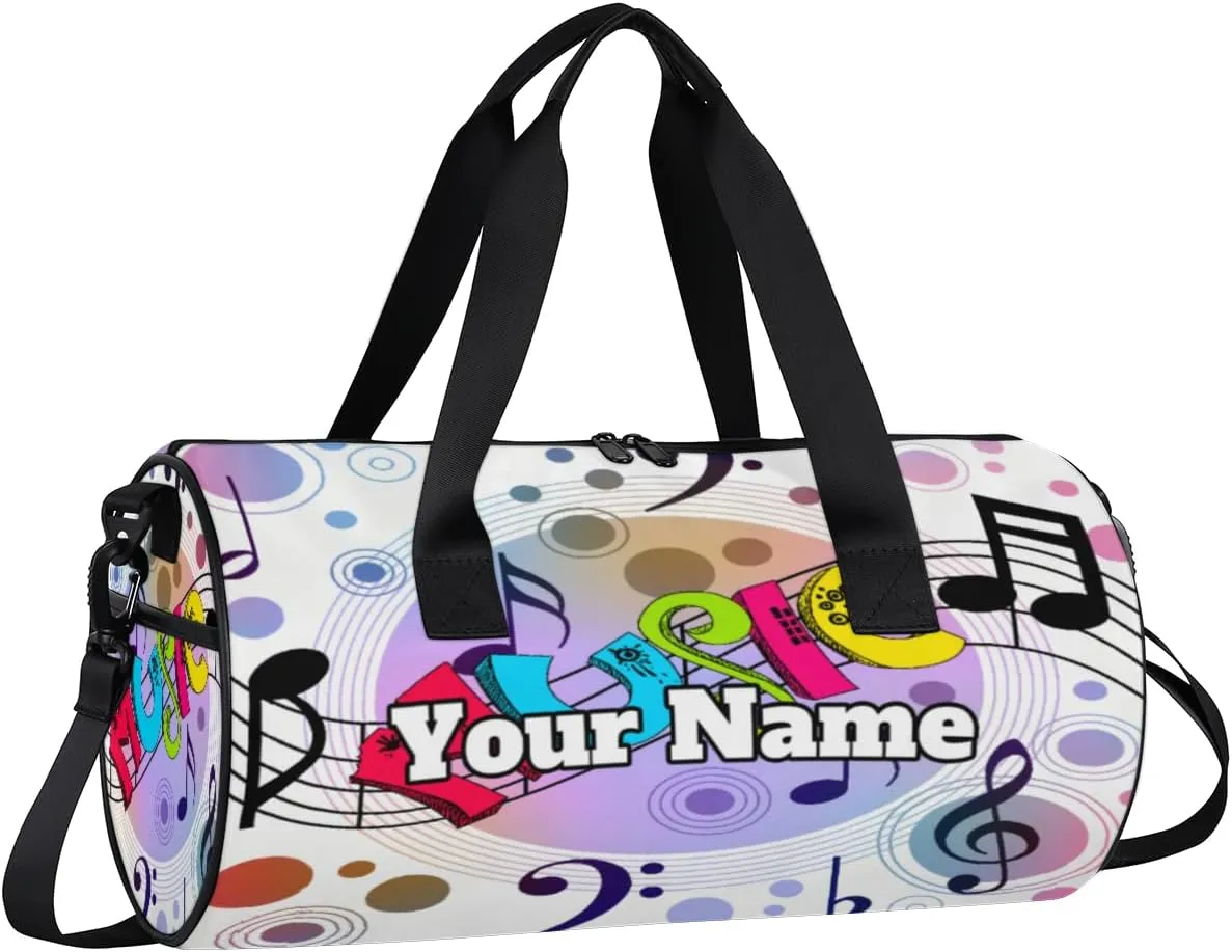 Personalized Name Gym Bag for Women, Customized Music Theme Cylinder Sports Bags for Men, Waterproof Weekender Bag, Duffle Bags for Travel Swim Dance, Musical Note