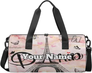 Personalized Name Gym Bag for Women, Customized Paris Theme Cylinder Sports Bags for Men, Waterproof Weekender Bag, Duffle Bags for Travel Swim Dance, Eiffel Tower