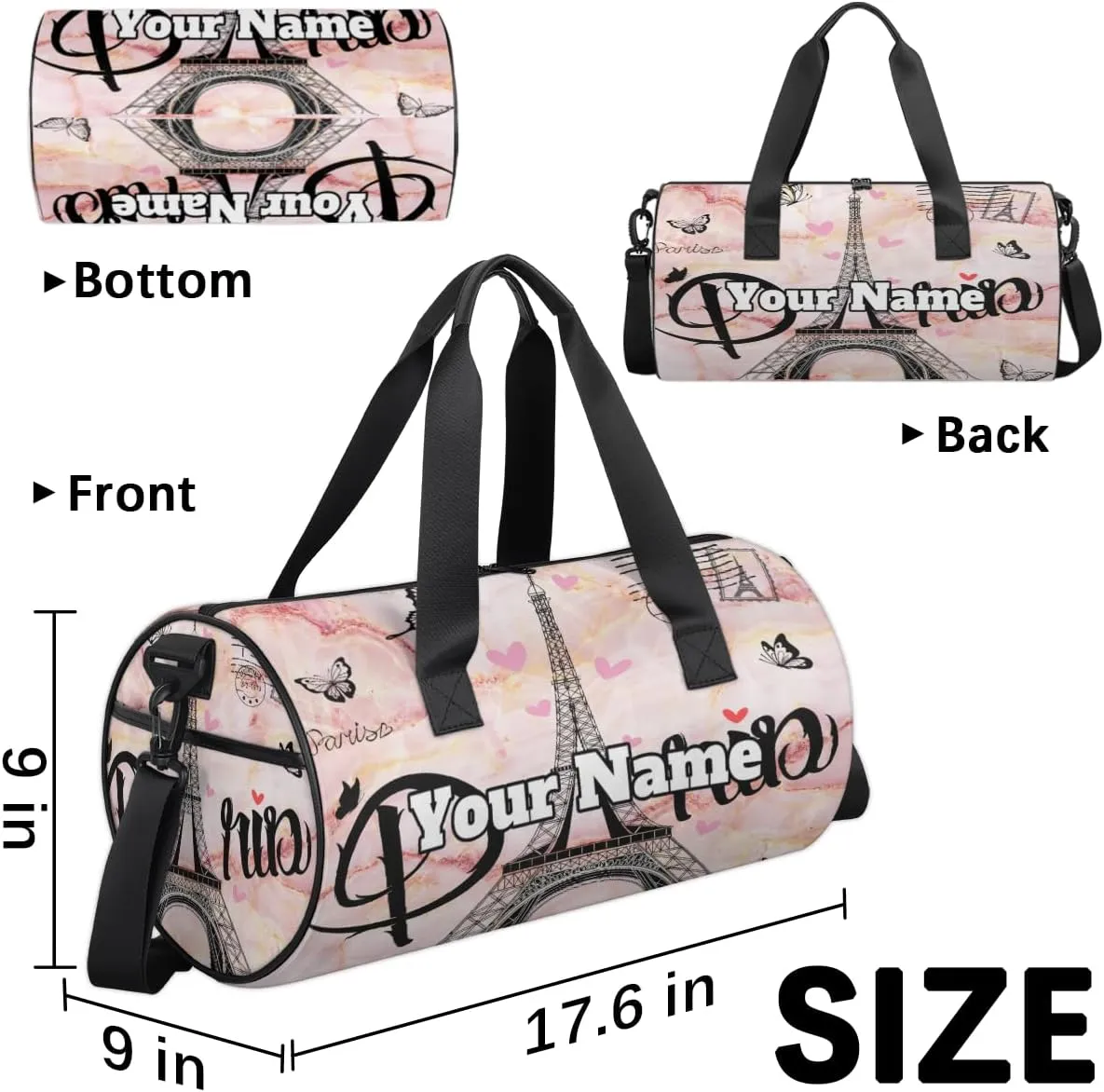 Personalized Name Gym Bag for Women, Customized Paris Theme Cylinder Sports Bags for Men, Waterproof Weekender Bag, Duffle Bags for Travel Swim Dance, Eiffel Tower