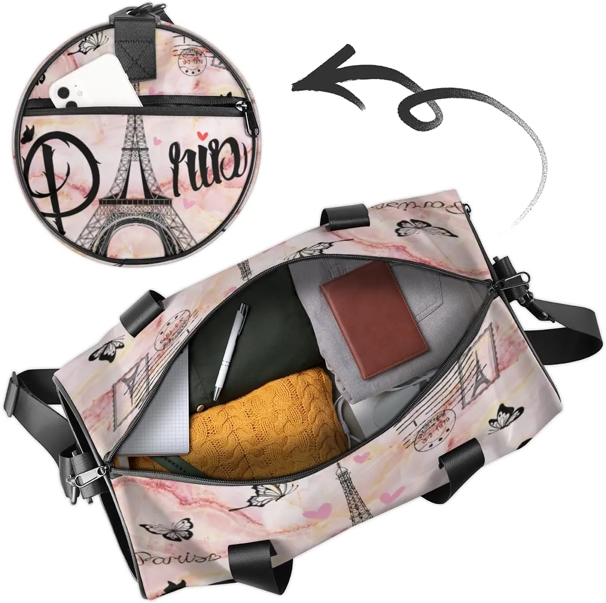 Personalized Name Gym Bag for Women, Customized Paris Theme Cylinder Sports Bags for Men, Waterproof Weekender Bag, Duffle Bags for Travel Swim Dance, Eiffel Tower