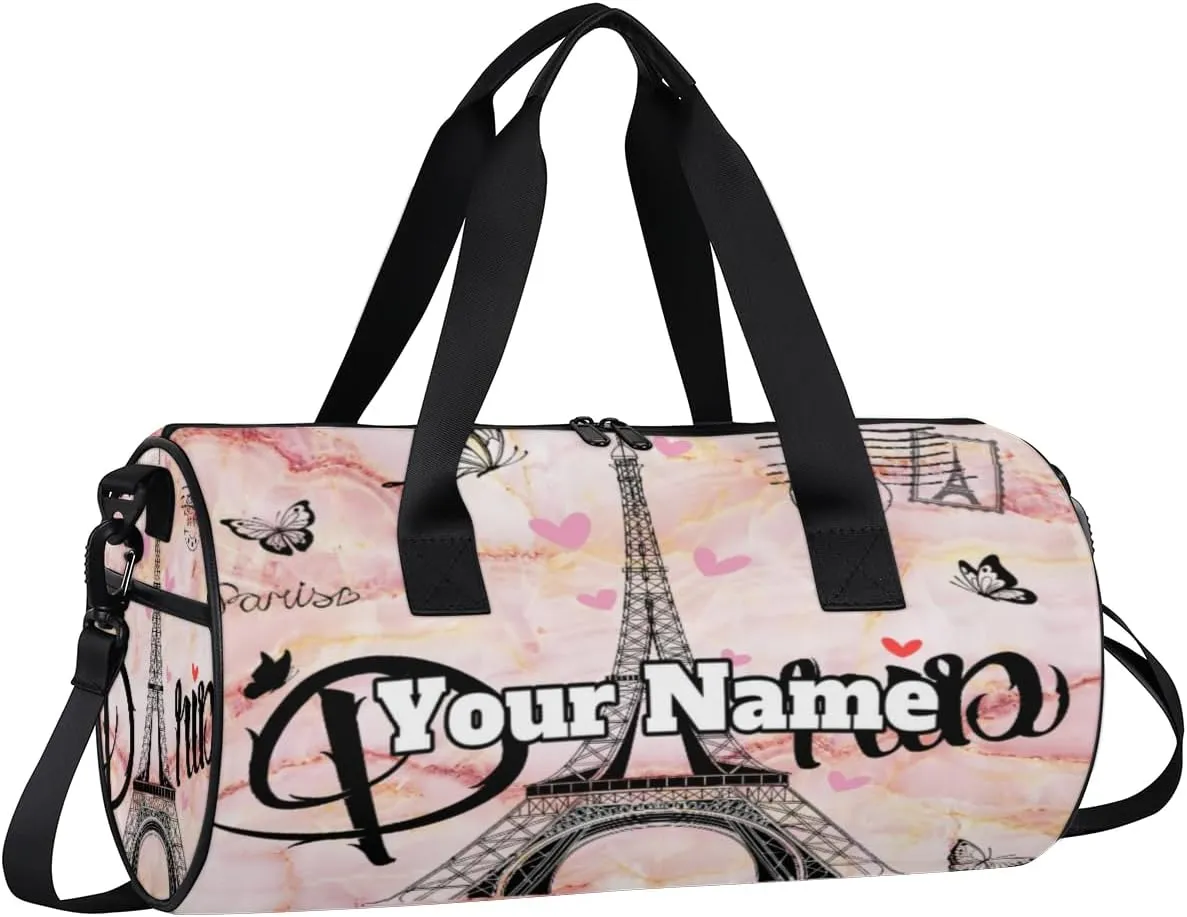 Personalized Name Gym Bag for Women, Customized Paris Theme Cylinder Sports Bags for Men, Waterproof Weekender Bag, Duffle Bags for Travel Swim Dance, Eiffel Tower