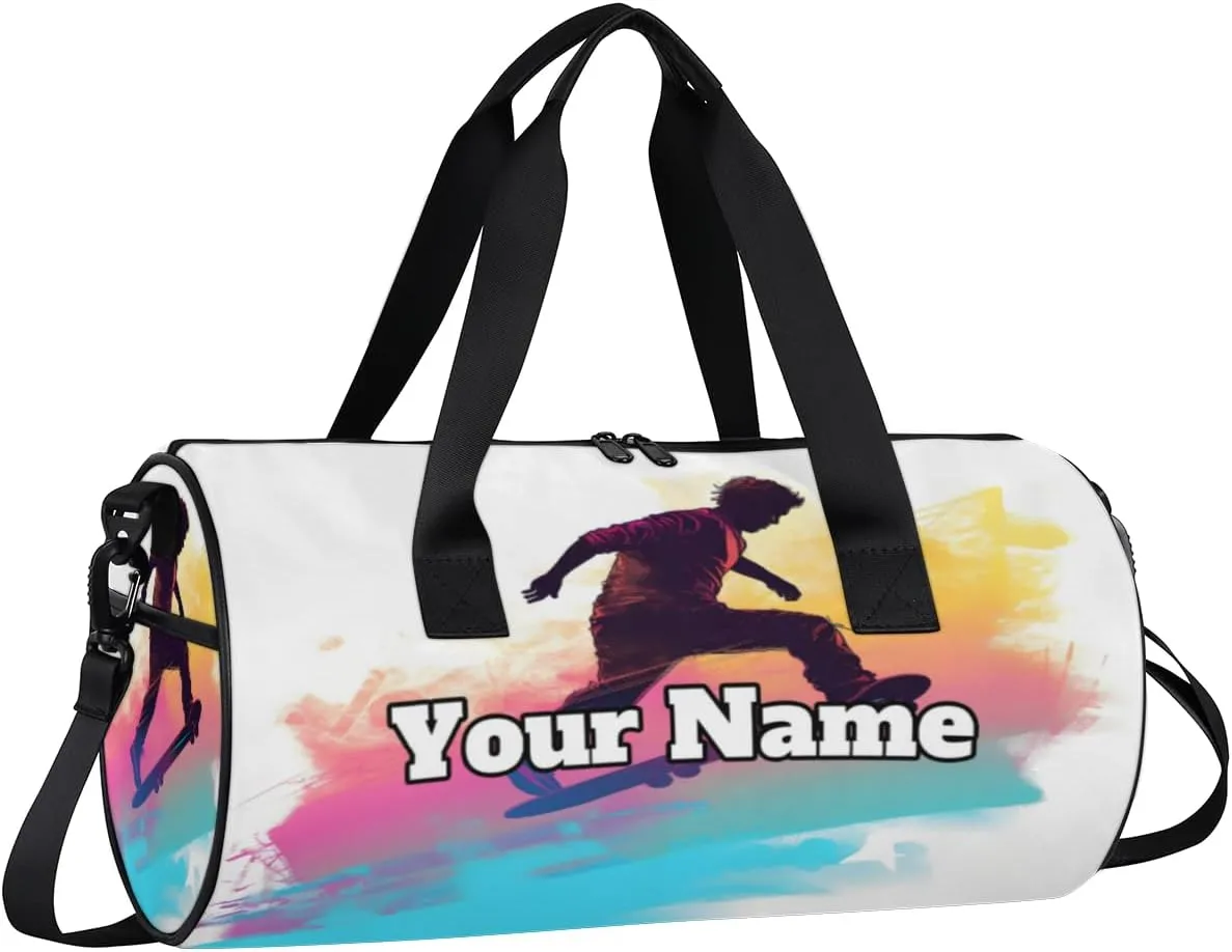Personalized Name Gym Bag for Women, Customized Skateboard Sports Cylinder Sports Bags for Men, Waterproof Weekender Bag, Duffle Bags for Travel Swim Dance, Sports