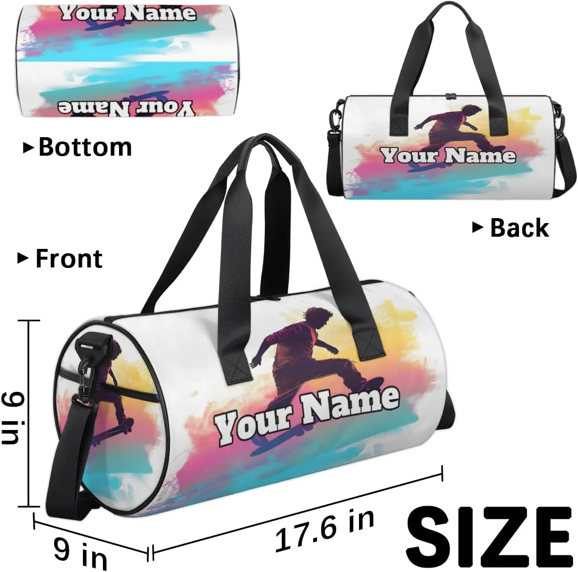 Personalized Name Gym Bag for Women, Customized Skateboard Sports Cylinder Sports Bags for Men, Waterproof Weekender Bag, Duffle Bags for Travel Swim Dance, Sports