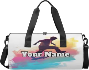 Personalized Name Gym Bag for Women, Customized Skateboard Sports Cylinder Sports Bags for Men, Waterproof Weekender Bag, Duffle Bags for Travel Swim Dance, Sports