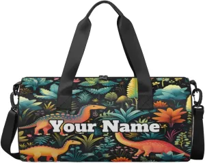 Personalized Name Gym Bag for Women, Customized Tropical Dinosaurs Cylinder Sports Bags for Men, Waterproof Weekender Bag, Duffle Bags for Travel Swim Dance, Watercolor Dinosaur
