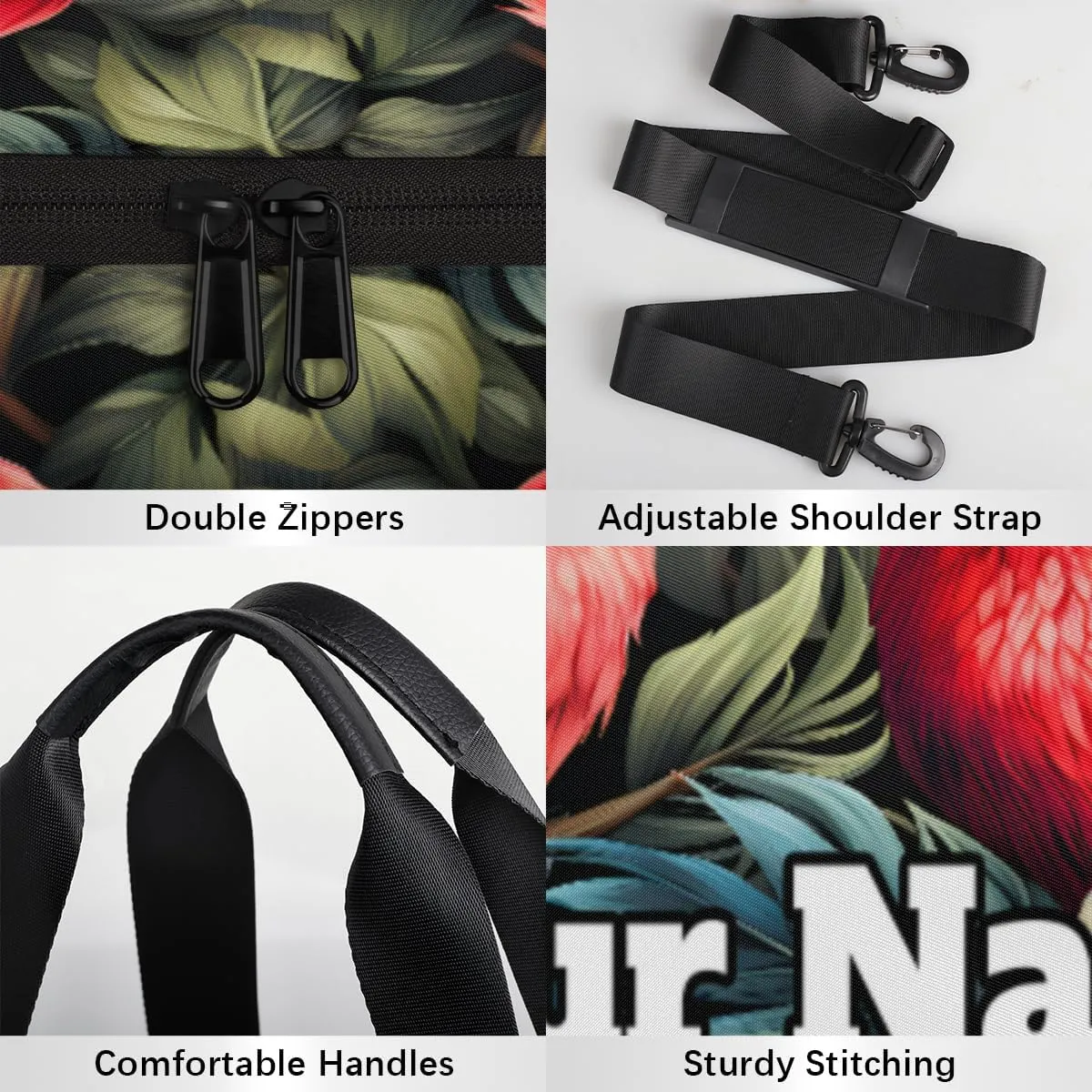 Personalized Parrot Bird Sport Gym Bag, Custom Name Duffel Bags for Men, Waterproof Custom Sport Duffel Bag, Gymnastics Dance, Tropical Palm Leaves