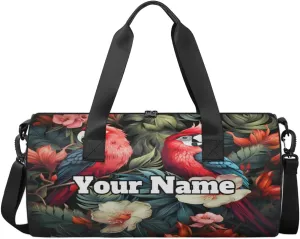 Personalized Parrot Bird Sport Gym Bag, Custom Name Duffel Bags for Men, Waterproof Custom Sport Duffel Bag, Gymnastics Dance, Tropical Palm Leaves