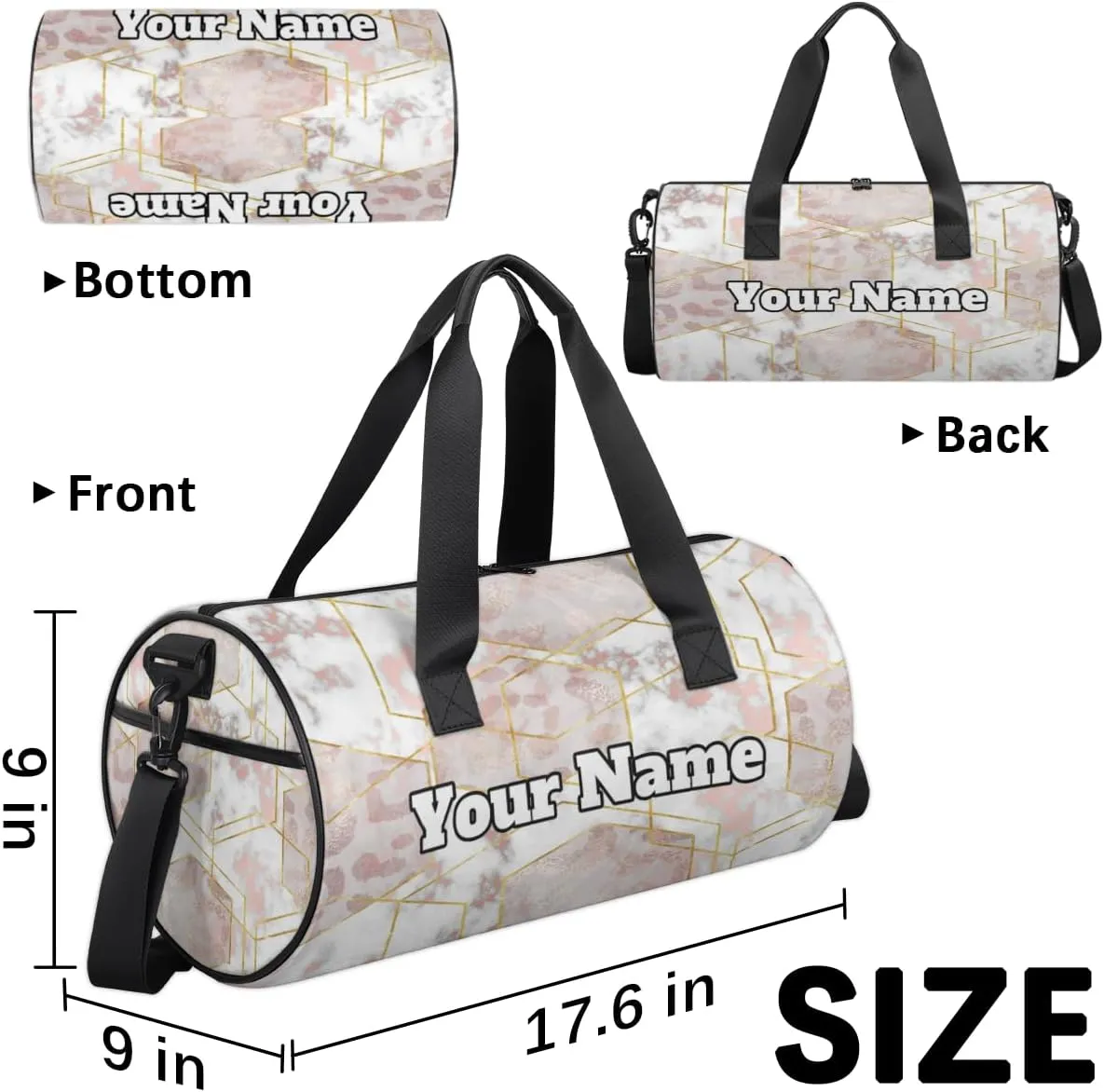 Personalized Pink Marble Texture Sport Gym Bag, Custom Name Duffel Bags for Men, Waterproof Custom Sport Duffel Bag, Gymnastics Dance, Marble