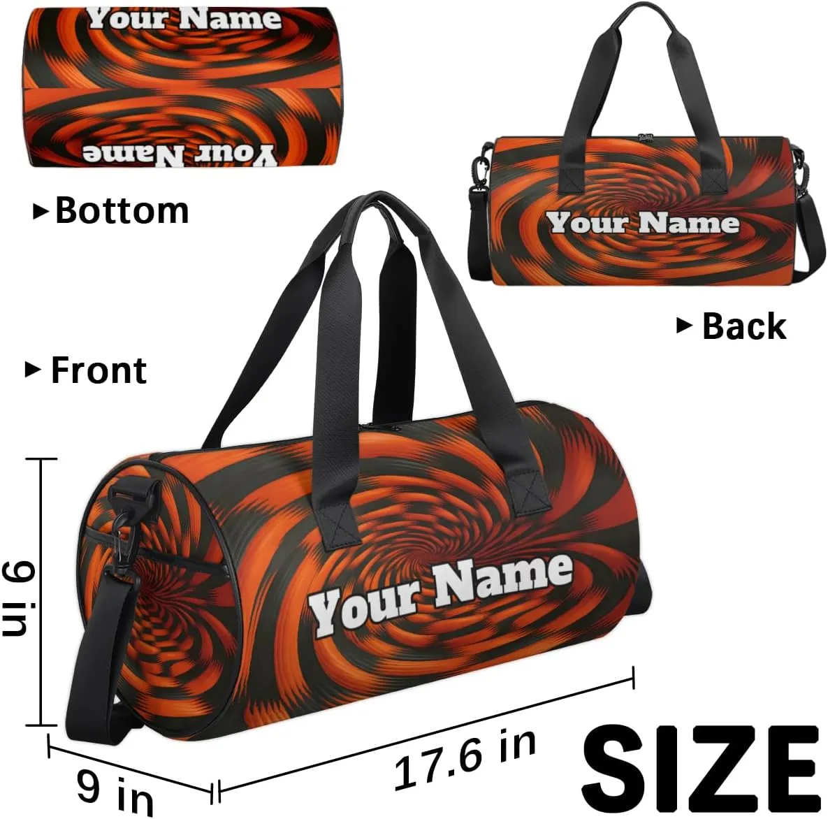 Personalized Rotary Print Sport Gym Bag, Custom Name Duffel Bags for Men, Waterproof Custom Sport Duffel Bag, Gymnastics Dance, Black Orange Pattern
