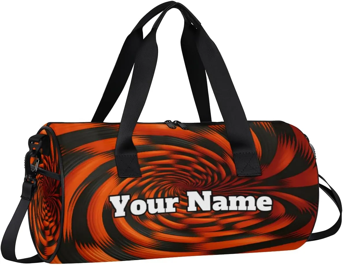 Personalized Rotary Print Sport Gym Bag, Custom Name Duffel Bags for Men, Waterproof Custom Sport Duffel Bag, Gymnastics Dance, Black Orange Pattern