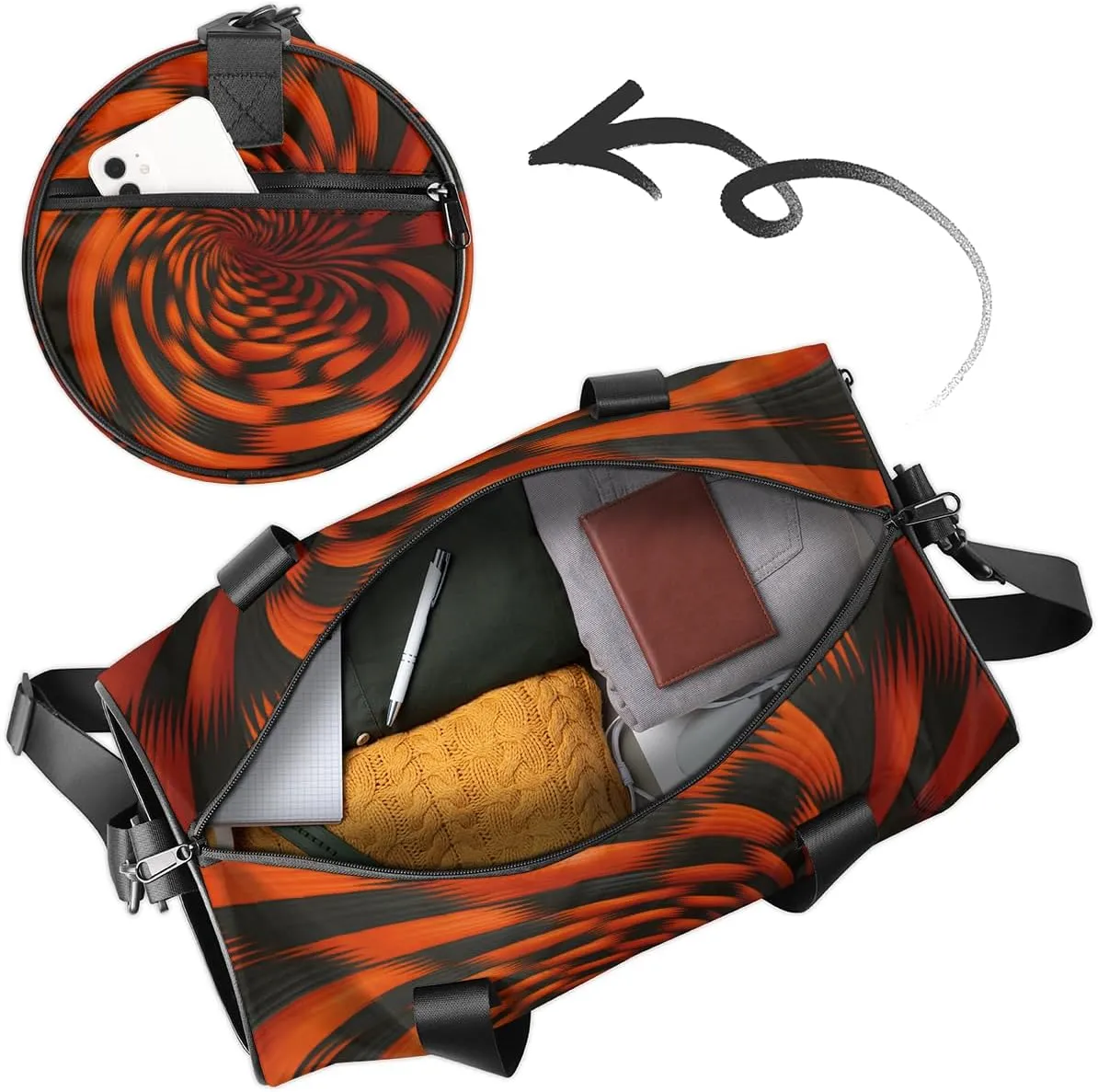 Personalized Rotary Print Sport Gym Bag, Custom Name Duffel Bags for Men, Waterproof Custom Sport Duffel Bag, Gymnastics Dance, Black Orange Pattern