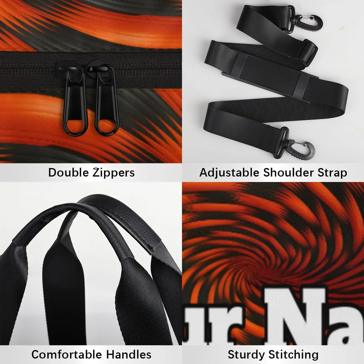 Personalized Rotary Print Sport Gym Bag, Custom Name Duffel Bags for Men, Waterproof Custom Sport Duffel Bag, Gymnastics Dance, Black Orange Pattern
