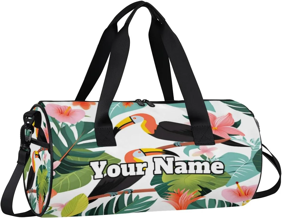 Personalized Tropical Bird Sport Gym Bag, Custom Name Duffel Bags for Men, Waterproof Custom Sport Duffel Bag, Gymnastics Dance, Palm Leaves