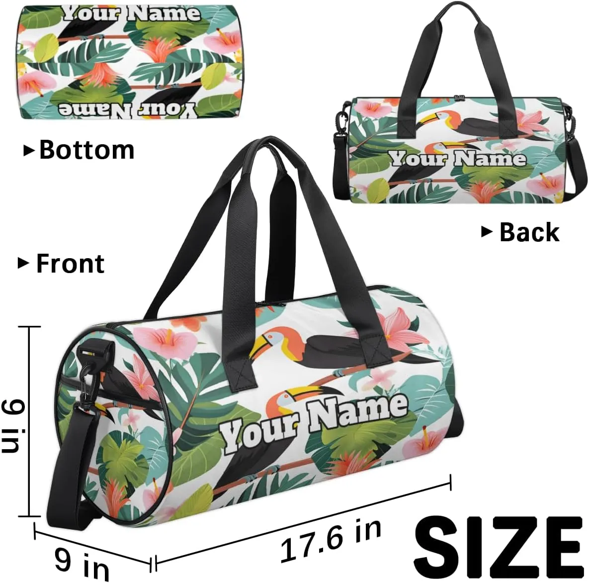 Personalized Tropical Bird Sport Gym Bag, Custom Name Duffel Bags for Men, Waterproof Custom Sport Duffel Bag, Gymnastics Dance, Palm Leaves