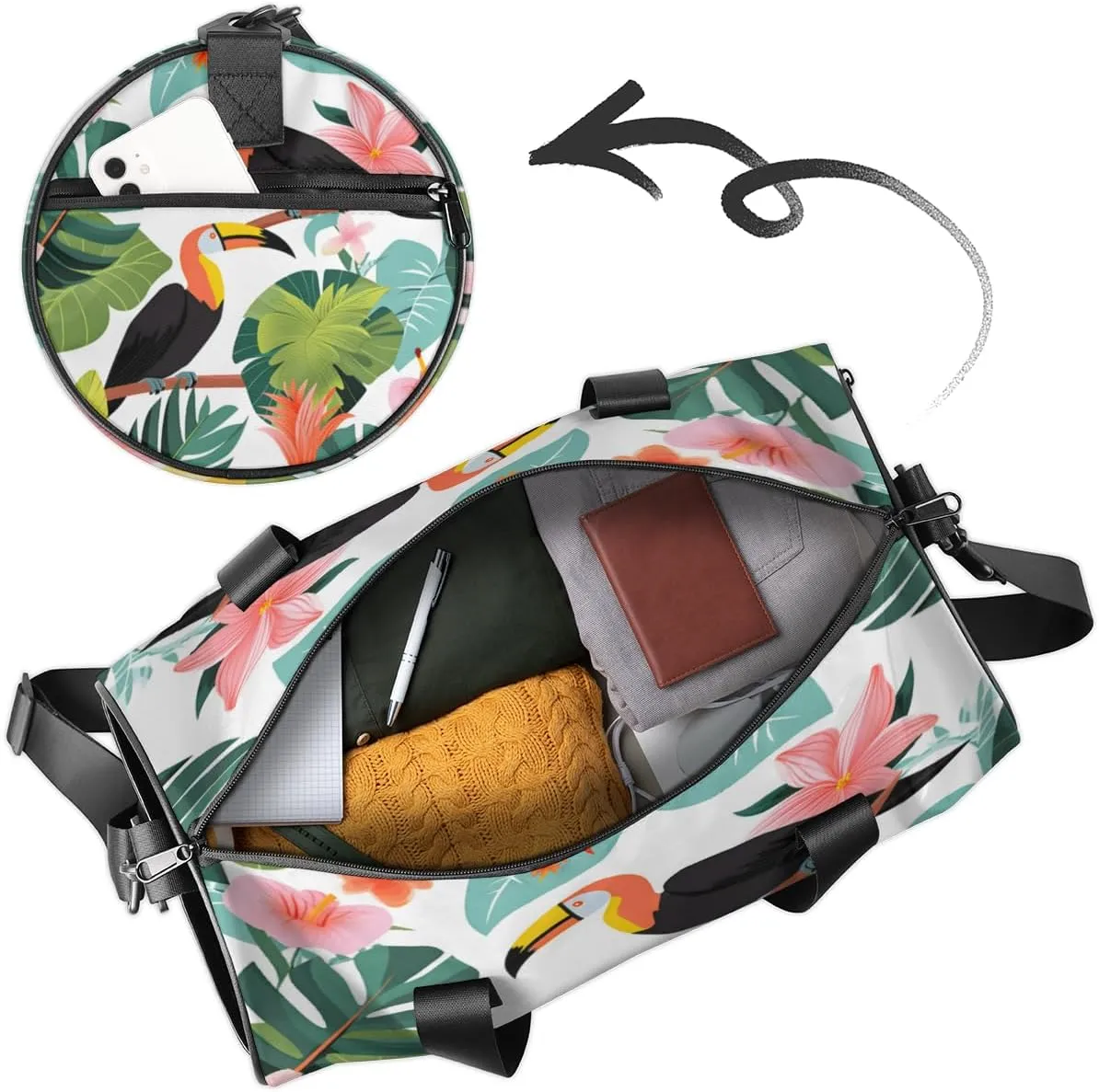 Personalized Tropical Bird Sport Gym Bag, Custom Name Duffel Bags for Men, Waterproof Custom Sport Duffel Bag, Gymnastics Dance, Palm Leaves