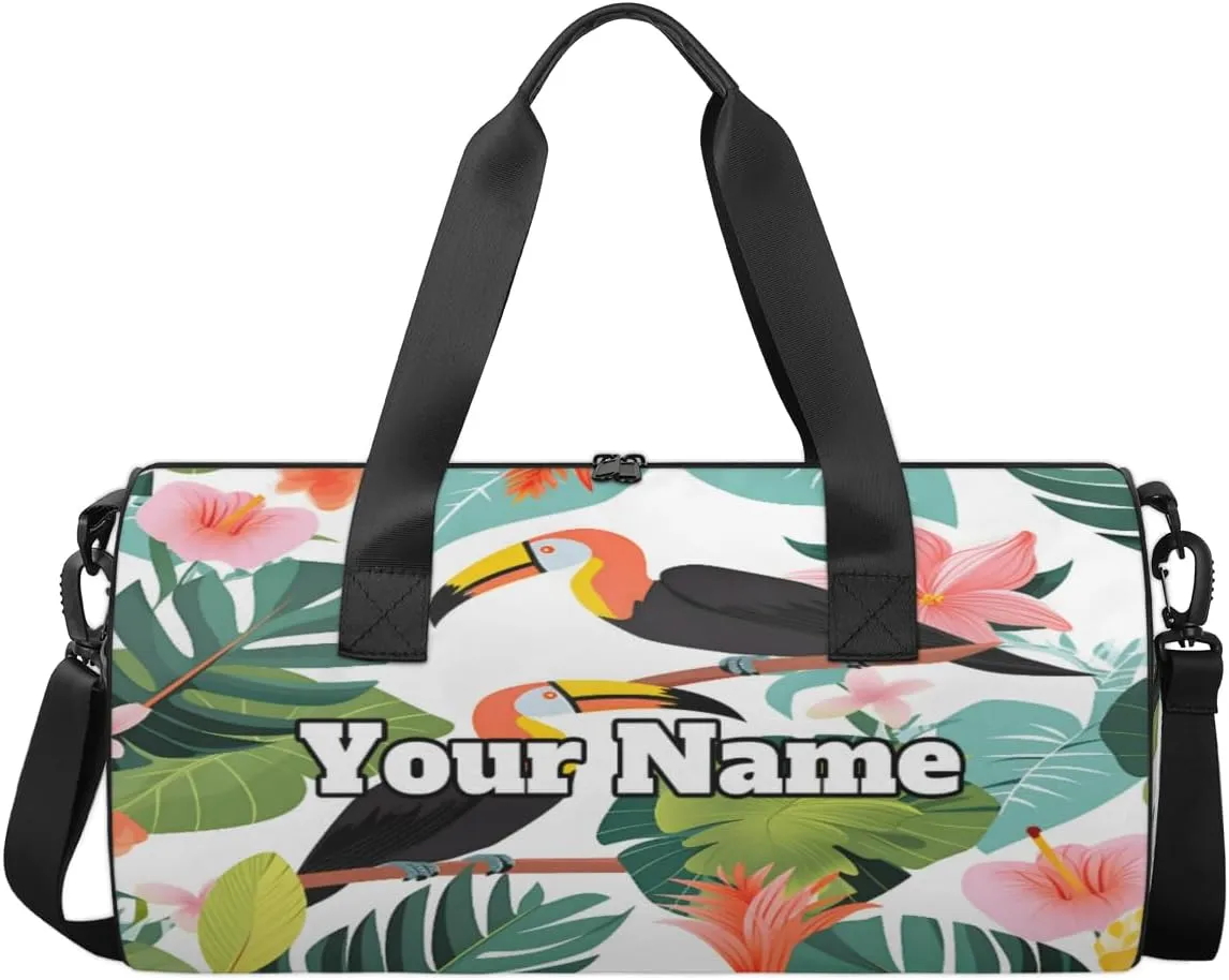 Personalized Tropical Bird Sport Gym Bag, Custom Name Duffel Bags for Men, Waterproof Custom Sport Duffel Bag, Gymnastics Dance, Palm Leaves