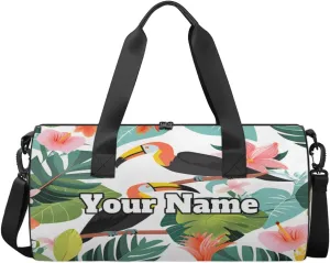 Personalized Tropical Bird Sport Gym Bag, Custom Name Duffel Bags for Men, Waterproof Custom Sport Duffel Bag, Gymnastics Dance, Palm Leaves