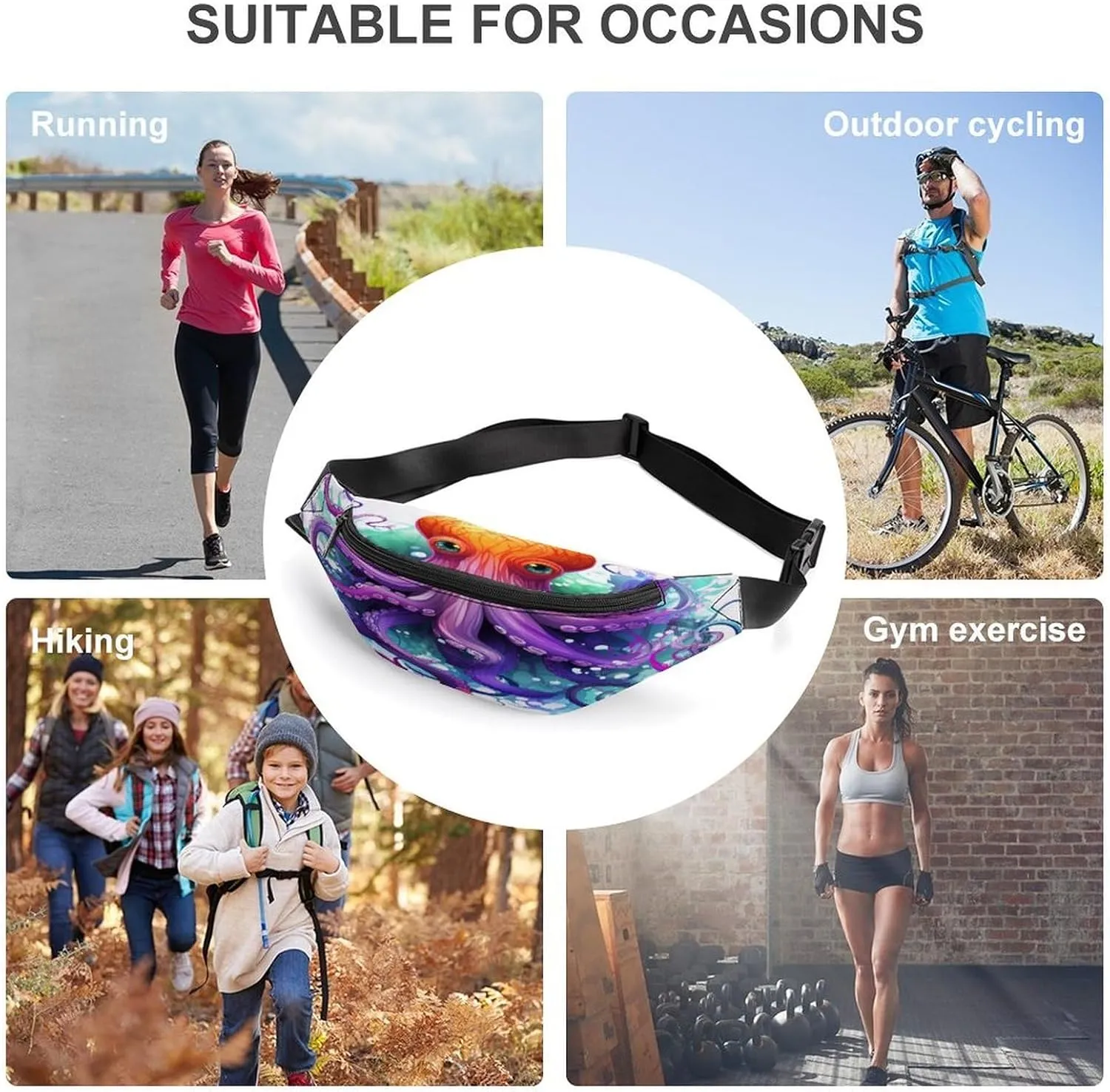 Personalized Waist Packs with Adjustable Strap,Colorful Octopus CrossBody Fanny Pack Casual Bag for Travel Sports Running Hiking