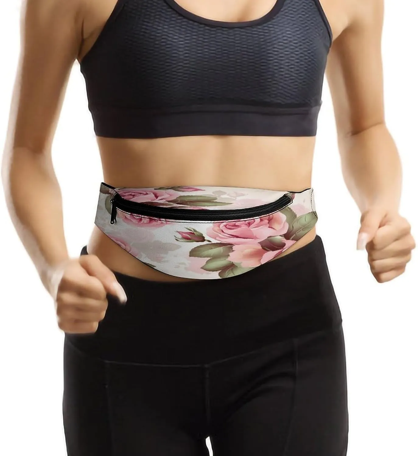 Personalized Waist Packs with Adjustable Strap,Rose Floral CrossBody Fanny Pack Casual Bag for Travel Sports Running Hiking