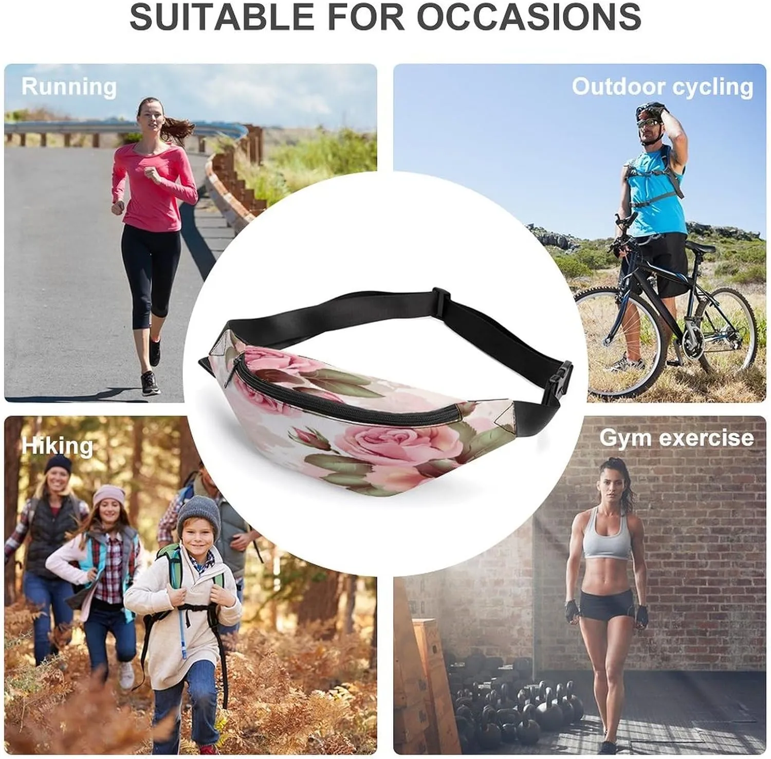 Personalized Waist Packs with Adjustable Strap,Rose Floral CrossBody Fanny Pack Casual Bag for Travel Sports Running Hiking