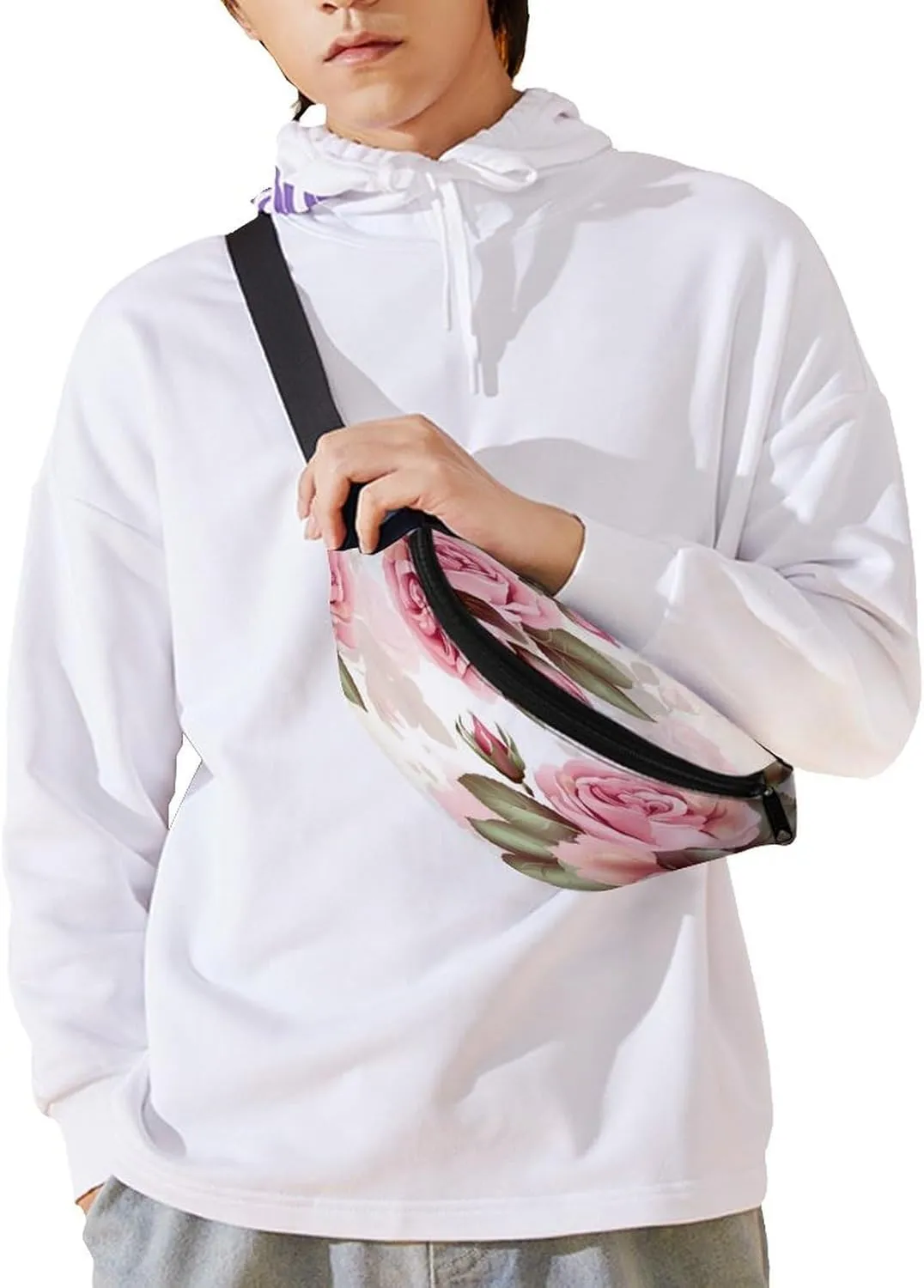 Personalized Waist Packs with Adjustable Strap,Rose Floral CrossBody Fanny Pack Casual Bag for Travel Sports Running Hiking