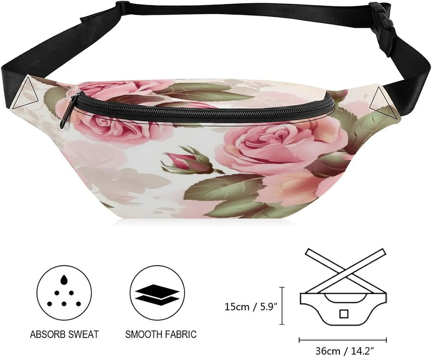 Personalized Waist Packs with Adjustable Strap,Rose Floral CrossBody Fanny Pack Casual Bag for Travel Sports Running Hiking