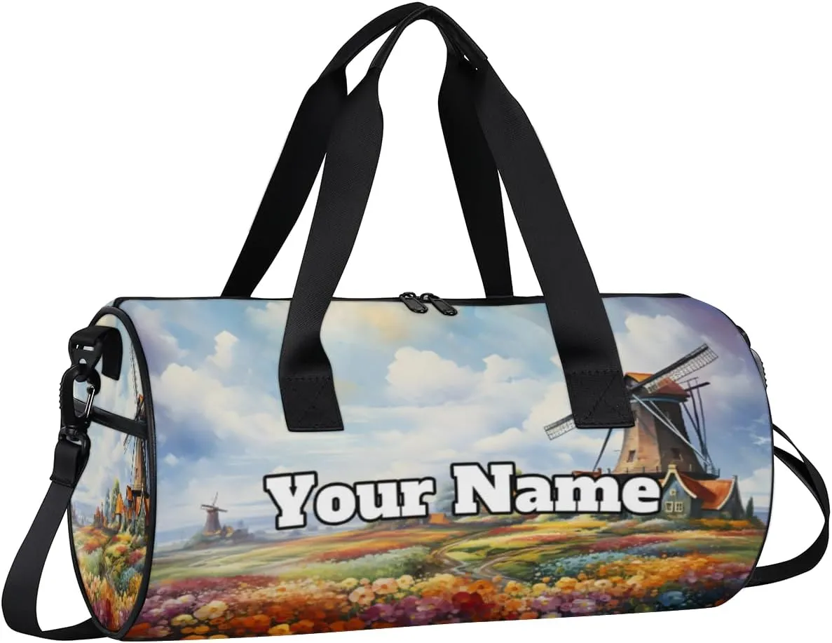 Personalized Windmill Sport Gym Bag, Custom Name Duffel Bags for Men, Waterproof Custom Sport Duffel Bag, Gymnastics Dance, Garden